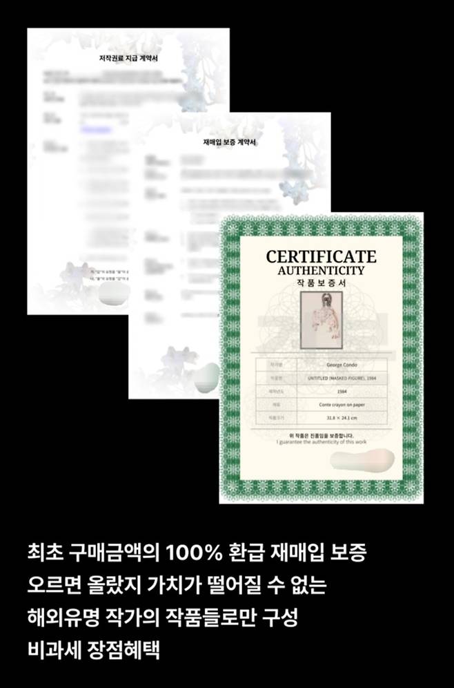 온라인상에서는 원금 보장과 고수익을 내세운 소규모 아트테크 업체들의 광고를 쉽게 찾을 수 있다. 금융당국의 허가를 받지 않은 통신판매업 등 상법상 일반회사가 원금 보장을 내세우며 자금을 유치하는 것은 불법이다. 업체 홈페이지 캡처