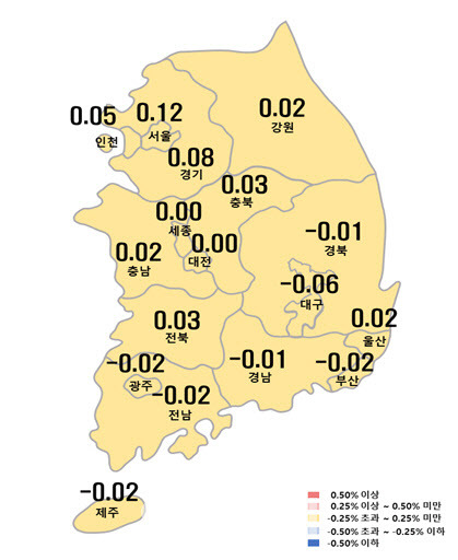 9월 넷째주 기준 전주 대비 시도별 아파트 매매가격지수 변동률(사진=한국부동산원)