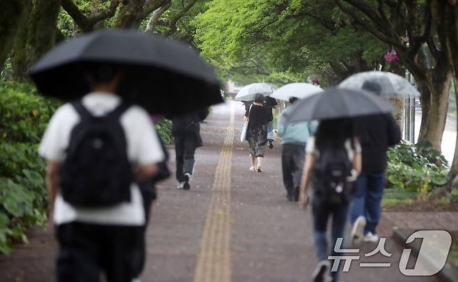 제주대학교 교정에서 학생들이 우산을 쓰고 등교하고 있다. 2024.6.20/뉴스1 ⓒ News1 오현지 기자