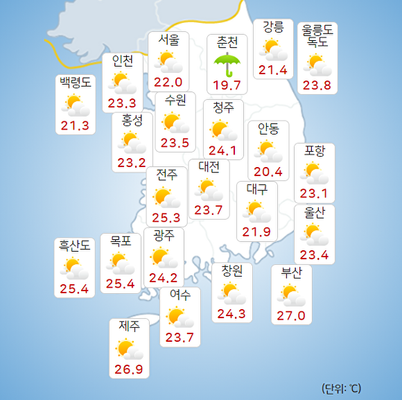 26일 오전 9시 현재 전국 날씨. [사진=기상청 날씨누리]