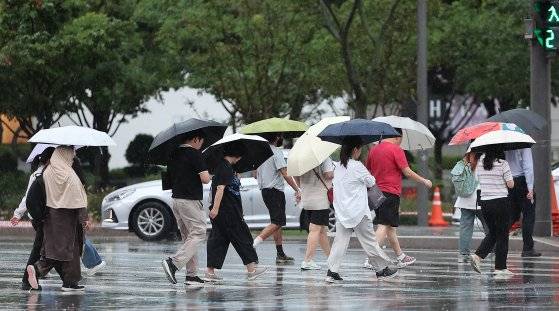 전국 대부분 지역에 많은 비가 내리는 20일 오후 서울 세종대로사거리 횡단보도에서 우산을 쓴 시민들이 이동하고 있다. 뉴스1