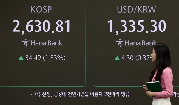 코스피가 상승세를 보인다. 사진은 26일 오전 서울 중구 하나은행 딜링룸 전광판에 지수가 표시되고 있는 모습. /사진=뉴시스