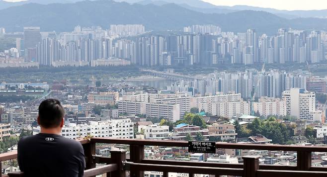 25일 서울 남산에서 한 시민이 가격 상승중인 강남 방향 아파트를 보고 있다. 이제원 선임기자