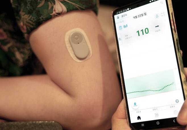 연속혈당측정기(CGM) 센서를 팔에 붙인 모습. 기자가 착용한 제품은 한독이 국내 CGM 제조사 아이센스와 손잡 고 출시한 ‘바로잰Fit’으로 5분마다 혈당을 측정한다. 측정값은 스마트폰으로 바로 전송받을 수 있다. 저혈당, 고 혈당, 급변동 알림 기준을 설정해 알림을 받는 것도 가능하다. 윤은숙 기자 sugi@hani.co.kr