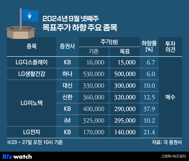 청기홍기 2024년 9월 넷째주 목표주가 하향 주요 종목/그래픽=비즈워치