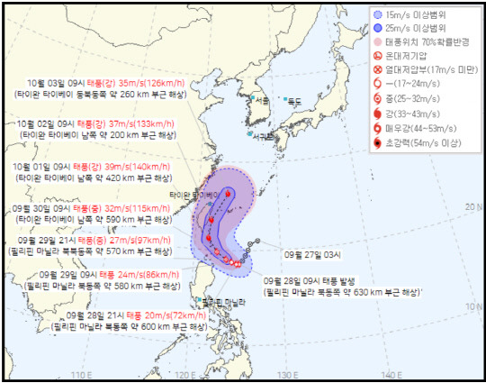 18호 태풍 끄라톤 예상 이동경로. 기상청 제공