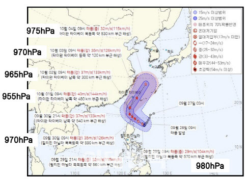 29일 오전 9시 기준 제18호 태풍 ‘끄라톤’ 정보(이미지=기상청)