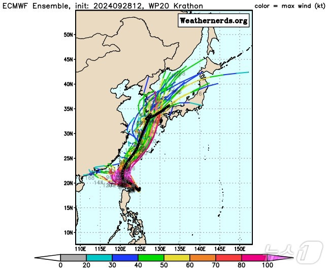 유럽중기예보센터(ECMWF) 수치예보모델에 따른 태풍 끄라톤 예측 이동경로 ⓒ 뉴스1