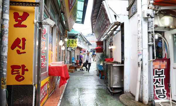 ‘개의 식용 목적의 사육·도살 및 유통 등 종식에 관한 특별법’(개식용종식법)이 시행된 지난 8월 서울의 한 보신탕 집앞에 시민들이 오가고 있다. 연합뉴스