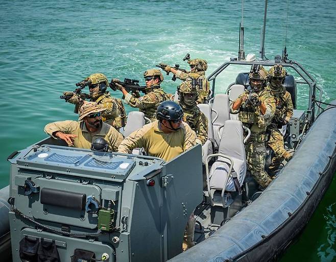 [서울=뉴시스] 합동참모본부는 29일 국군의 날 76주년 계기 해외 파병부대 활동 모습을 공개했다.아크부대는 아랍에미리트(UAE)에 파병돼 군사훈련 및 협력, 재외국민 보호 등의 임무를 수행하고 있다. 사진은 아크부대 UDT 대원과 UAE군이민간 선박이 납치된 상황을 가정해 선박 침투·수색·선원 안전을 확보하는 VBSS 훈련을 하는 모습. (사진=합동참모본부 제공) 2024.09.29. photo@newsis.com *재판매 및 DB 금지