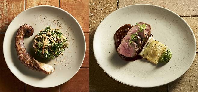 라브리의 한식 단품 메뉴 문어 샐러드(왼쪽)와 이베리코 안심 [지준혁 라브리 대표 제공. 재판매 및 DB 금지]