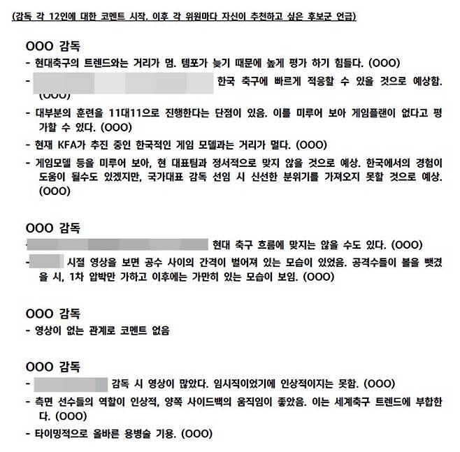 9차 회의 12인의 감독에 대한 전강 위원들의 코멘트