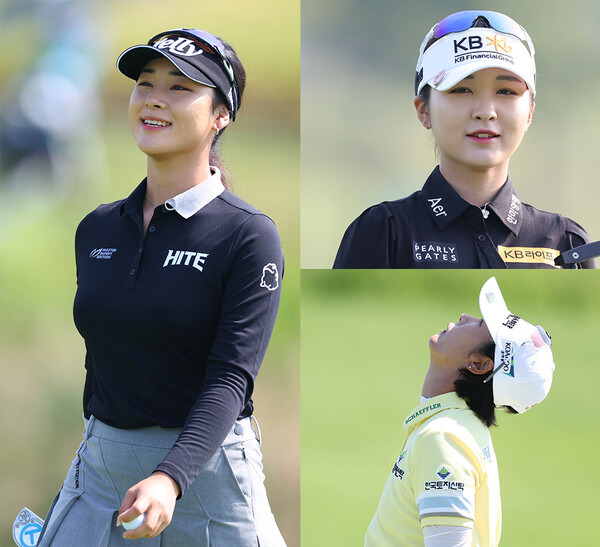 한국여자프로골프(KLPGA) 투어 간판스타 윤이나, 이예원, 박지영 프로가 2024년 하나금융그룹 챔피언십에서 경기하는 모습이다. 사진제공=KLPGA