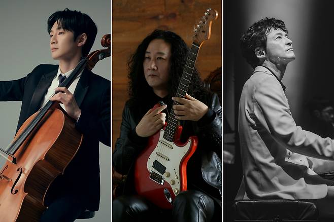 From left, cellist Hong Jin-ho, guitarist Kim Do-kyoon and pianist Yang Bang-eun will perform at the 2024 Korean Traditional Music Orchestra Festival. (Sejong Center for the Performing Arts)