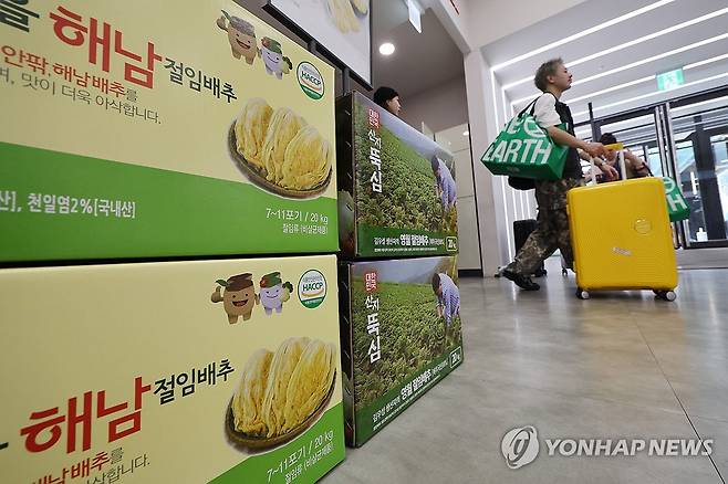 절임배추 사전예약 하세요 (서울=연합뉴스) 임화영 기자 = 1일 롯데마트 서울역점에 사전 예약 판매되고 있는 절임 배추 상품이 전시돼있다.
    롯데마트는 이날부터 6일까지 절임 배추 및 김장재료 사전 예약 판매 시작하며, 절임 배추 가격은 한 박스(20㎏)에 약 3만원대이다. 2024.10.1 hwayoung7@yna.co.kr