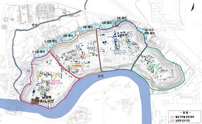 월성의 발굴 지도. 이번에 조사한 곳은 유적의 서남쪽 남천 기슭의 남성벽 쪽이다. 국립경주문화유산연구소 제공