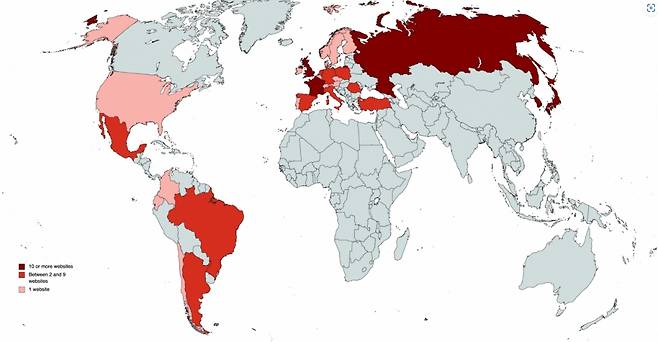 가짜 뉴스 웹사이트가 확산된 국가. 색이 짙을 수록 웹사이트가 다수 적발된 국가다.  /사진=더시티즌랩 웹사이트 갈무리
