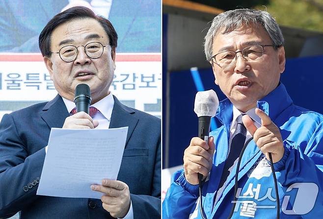 10·16 서울시교육감 보궐선거에 출마한 조전혁 후보(왼쪽)와 정근식 후보가 3일 오전 서울 종로구 광화문역과 독립문공원에서 열린 출정식에서 각각 발언을 하고 있다. 2024.10.3/뉴스1 ⓒ News1 이재명 기자,민경석 기자