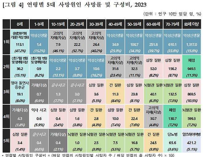 2023년 기준 연령별 5대 사망원인 사망률 및 구성비 ⓒ통계청