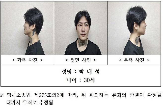 박대성의 신상정보. 해당 정보는 10월 29일까지 30일간 전남경찰청 홈페이지에 공개될 예정이다. 2024.9.30. 전남경찰청 제공