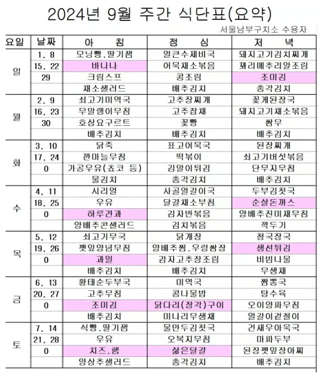 서울남부구치소 9월 식단표. 법무부 제공