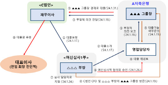 우리저축은행의 손 전 회장 친인척 관련 대출 구조도. [금감원 제공]