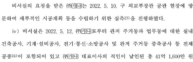 감사원은 21그램(가나)가 관저 공사현장을 실측한 날짜가 2022년 5월10일이라고 적시했다. 감사원 감사결과보고서 캡처