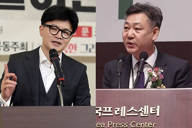 국민의힘 한동훈 대표(왼쪽), 김대남 전 대통령실 행정관. 윤창원 기자·연합뉴스