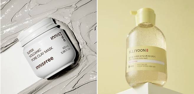 이니스프리 수퍼 화산송이 모공 마스크(왼쪽)과 일리윤 프레쉬 모이스춰 바디워시 /사진=아모레몰 캡처