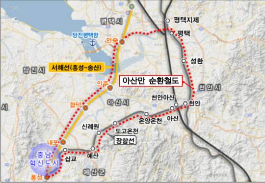 빨간색 점선이 아산만 순환철도 구간. 충남도 제공