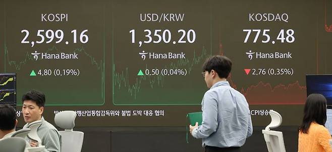 10일 오후 서울 중구 하나은행 딜링룸 전광판에 코스피·코스닥지수, 원·달러 환율 종가 등이 표시돼 있다. ⓒ뉴시스