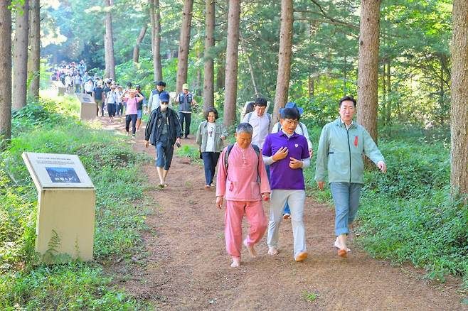 맨발걷기 코스로 큰 인기를 얻고 있는 원주시 행구동 운곡솔바람길. 연합뉴스