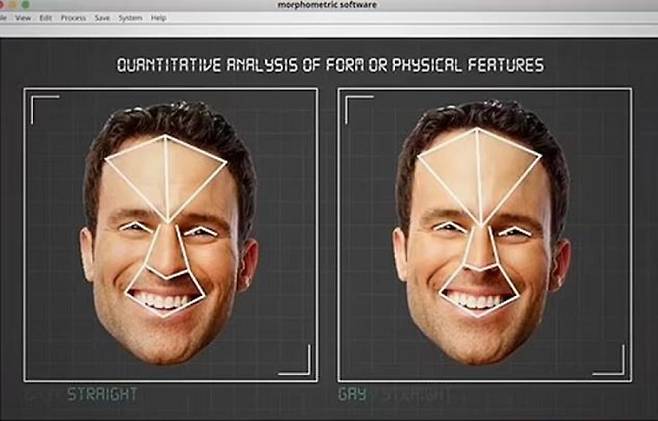 동성애자에게는 공통된 얼굴 특징이 있다는 주장이 나왔다. 왼쪽은 이성애자 남성, 오른쪽은 동성애자 남성의 얼굴 이미지이며, 오른쪽이 비교적 코가 짧고 이마가 넓다는 분석이다./사진=데일리메일