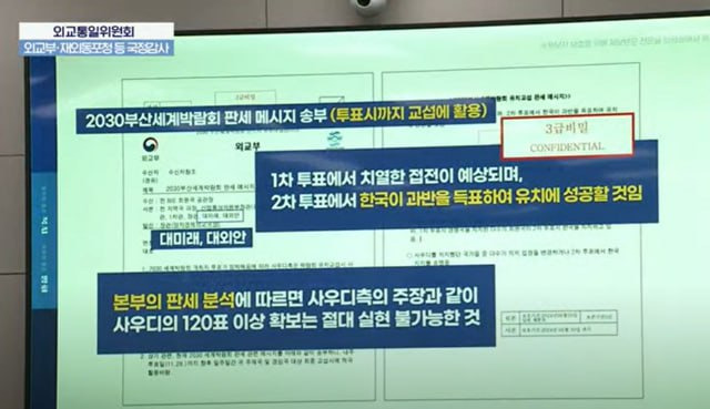 김준형 조국혁신당 의원이 지난 7일 국정감사에서 스크린을 통해 외교부 비밀문서를 공개한 모습. 김 의원은 이날 사회관계망서비스(SNS)에 "국민 앞에서는 해명과 사과를 먼저 해야 한다"며 "기밀이 무능을 숨기는 수단이 되어서는 안 된다"고 적었다. /국회방송 갈무리