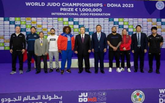 2023년 도하 세계유도선수권대회에 11명의 역대 올림픽 금메달리스트가 모여 있는 모습. [국제유도연맹 홈페이지 캡처]