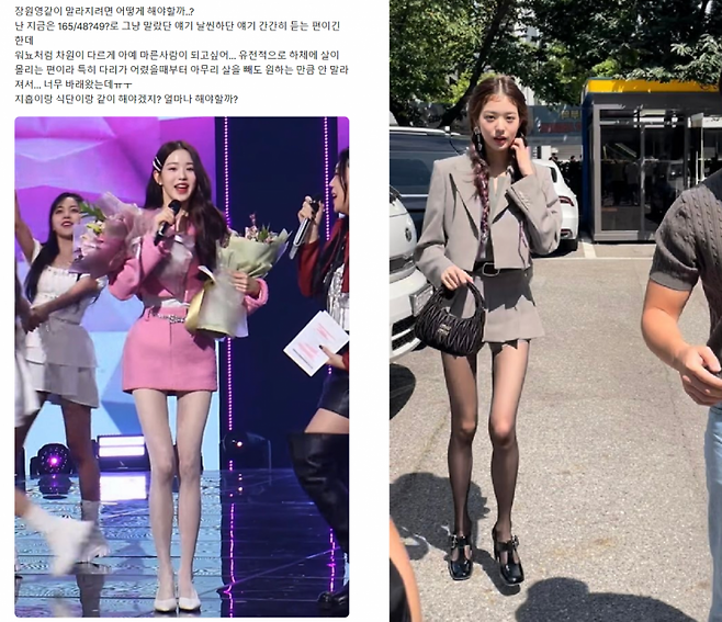 가수 장원영처럼 마르려면 어떻게 해야하는지 문의하는 글과 온라인에서 공유되는 장원영의 사진 [사진출처=온라인 커뮤니티]