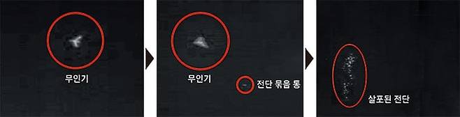 북한 외무성이 지난 11일 조선중앙통신에 공개한 사진. 북한은 이날 평양 노동당 본부 청사 상공에 출현한 무인기를 찍었다면서 “한국이 심야 시간을 노려 전단을 살포하는 천인공노할 만행을 감행했다”고 말했다. 왼쪽부터 열상감시장비(TOD)로 촬영한 것으로 보이는 무인기 형상, 전단 묶음 통이라고 주장한 물체, 전단이 공중에 살포되는 모습. /조선중앙통신 연합뉴스