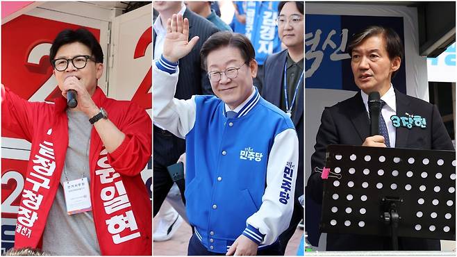 각당 대표가 유세 현장을 찾은 모습. 왼쪽부터 한동훈 국민의힘 대표가 12일 오전 부산 금정구 노포 오시게시장에서 열린 윤일현 금정구청장 후보 지지를 호소하는 모습, 이재명 더불어민주당 대표가 12일 오전 부산 금정구 스포원파크에서 시민들에게 김경지 금정구청장 후보에 대한 지지를 호소하는 모습, 조국 조국혁신당 대표가 13일 전남 영광군 영광군청 앞에서 지역민들에게 장현 영광군수 후보의 지지를 호소하는 모습. /국민의힘·뉴시스·조국혁신당
