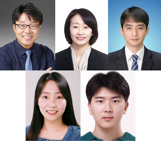 박한수(윗줄 왼쪽부터) GIST 의생명공학과 교수, 차미영 지놈앤컴퍼니 소장, 전부남 지놈앤컴퍼니 수석, 김수정(아랫줄 왼쪽부터) GIST 의생명공학과 학생, 김윤재 GIST 의생명공학과 학생.[GIST 제공]