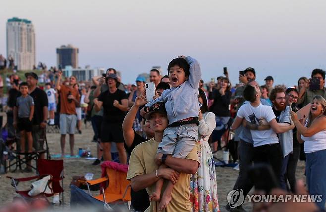 미 텍사스 보카치카 해변에서 스타십 5차 시험비행 지켜보는 사람들 [로이터=연합뉴스. 재판매 및 DB 금지]