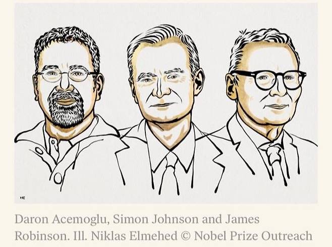 올해 노벨 경제학상의 영예는 국가 간 불평등 연구에 기여한 대런 아제모을루(57), 사이먼 존슨(61), 제임스 로빈슨(64) 등 3인에게 돌아갔다. /노벨위원회