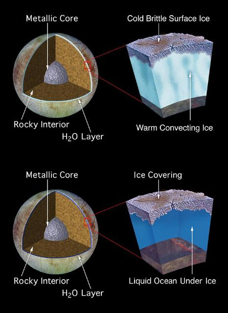 NASA 연구팀이 갈릴레오 탐사선, 보이저 탐사선의 연구 결과를 바탕으로 제작한 유로파 내부 구조도. 얼음 표면 아래 대류 현상이 나타나는 따뜻한 얼음층이 있거나, 액체 상태의 바다가 있을 것으로 추정한다. /사진=NASA