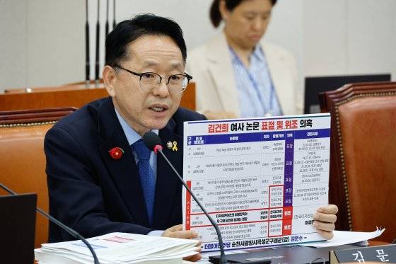 김문수 더불어민주당 의원이 8일 오후 서울 여의도 국회 교육위원회에서 열린 교육부·국가교육위원회·국사편찬위원회 등에 대한 국정감사에서 김건희 여사 논문 의혹 관련 질의하고 있다. 뉴스1