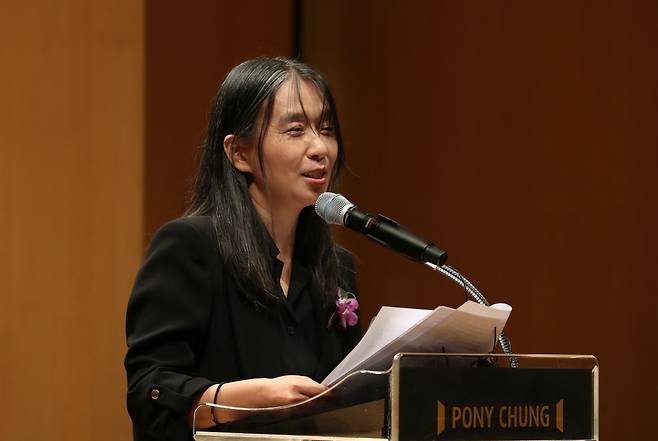 Nobel laureate Han Kang attends the Pony Chung Innovation Award ceremony at Pony Chung Hall in Seoul’s Gangnam district on Thursday. It was Han's first public appearance since her Nobel Prize win in Literature. (Joint Press Corps)