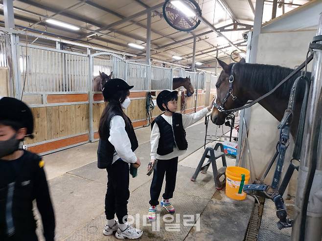 방과후 프로그램인 승마 수업에 참가한 학생들 (사진=문광초 제공)