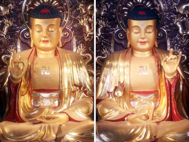 법문사 대웅보전의 오방불 중 왼쪽 끝 동방불과 오른쪽 끝 북방불. ⓒ최종명