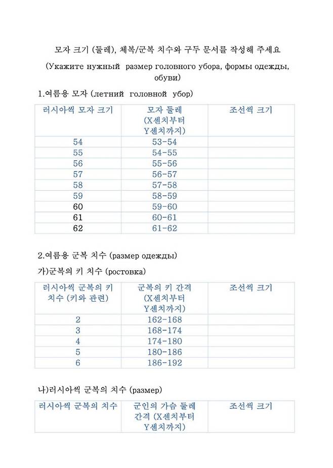 CNN은 19일(현지시간) 우크라이나 문화부 소속 전략소통·정보보안센터(SPRAVDI)를 통해 러시아가 파병 북한군에게 나눠준 한글 설문지를 입수했다고 보도했다. 사진은 공개된 한글과 러시아어로 안내된 군복 치수 설문지. (출처=연합뉴스)