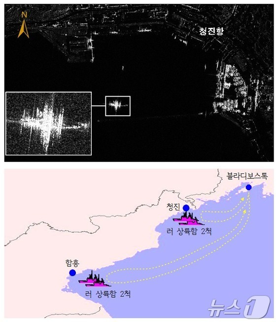 북한 병력 수송 목적 러시아 함정 활동(위·10월 12일), 동해상 러시아 상륙함의 북한 병력 수송활동 요도. (국정원 제공)