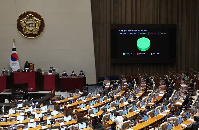 국민의힘은 20일 북한군 러시아 파병에 대해 국회 차원의 규탄 결의안 채택을 추진한다고 밝혔다. 더불어민주당도 공감하고 있어 내달 본회의에서 여야 합의 처리가 전망된다. 지난 2022년 11월 10일 국회 본회의에서 '북한 탄도미사일 도발 규탄 및 중단 촉구 결의안'이 가결되는 모습. /뉴스1