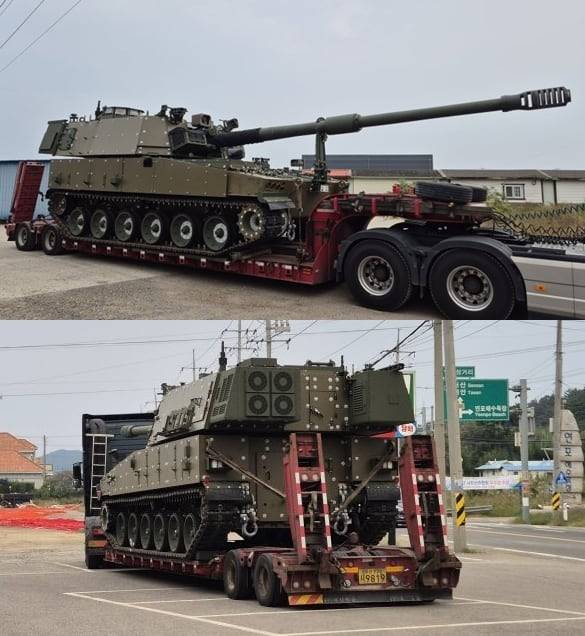 최근 충청남도 태안에서 목격된 AS-9 헌츠맨(K-9 자주포의 호주 수출형 모델) 시제품. / 엑스(X·옛 트위터) 캡처